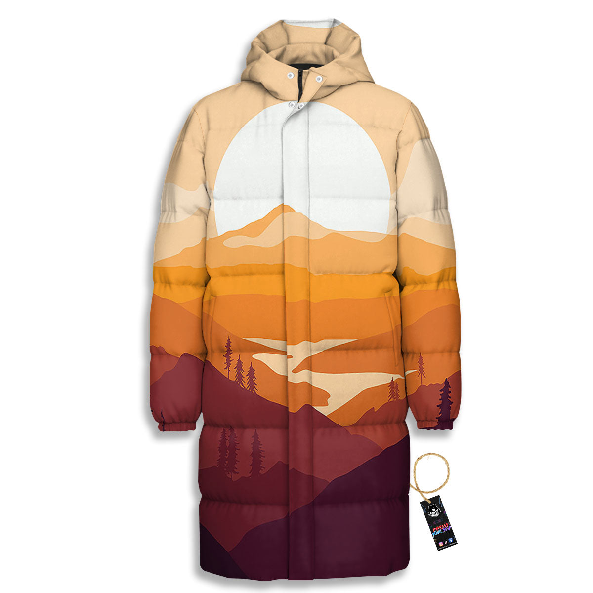 Autumn Mountains Sunset Print Long Down Jacket
