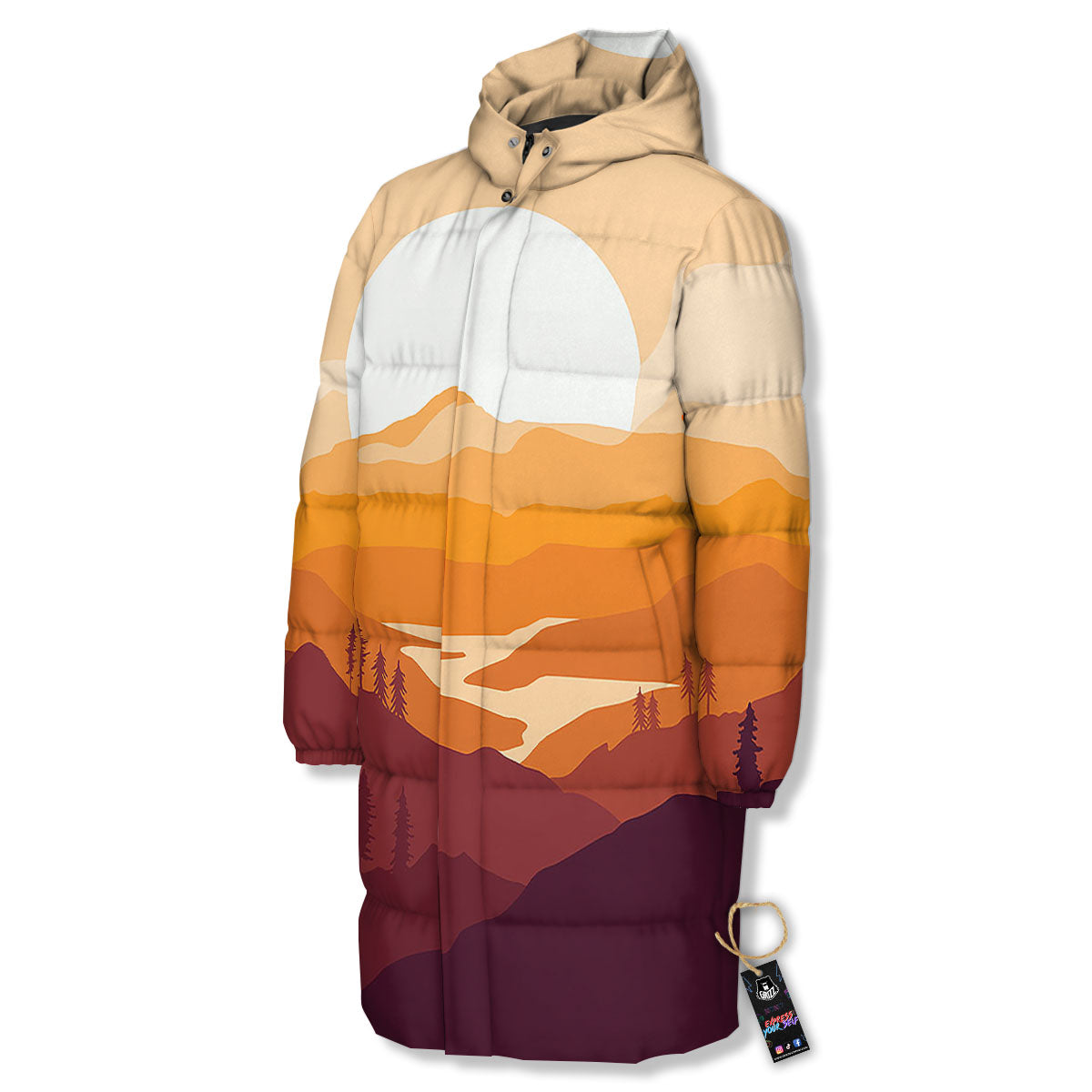 Autumn Mountains Sunset Print Long Down Jacket
