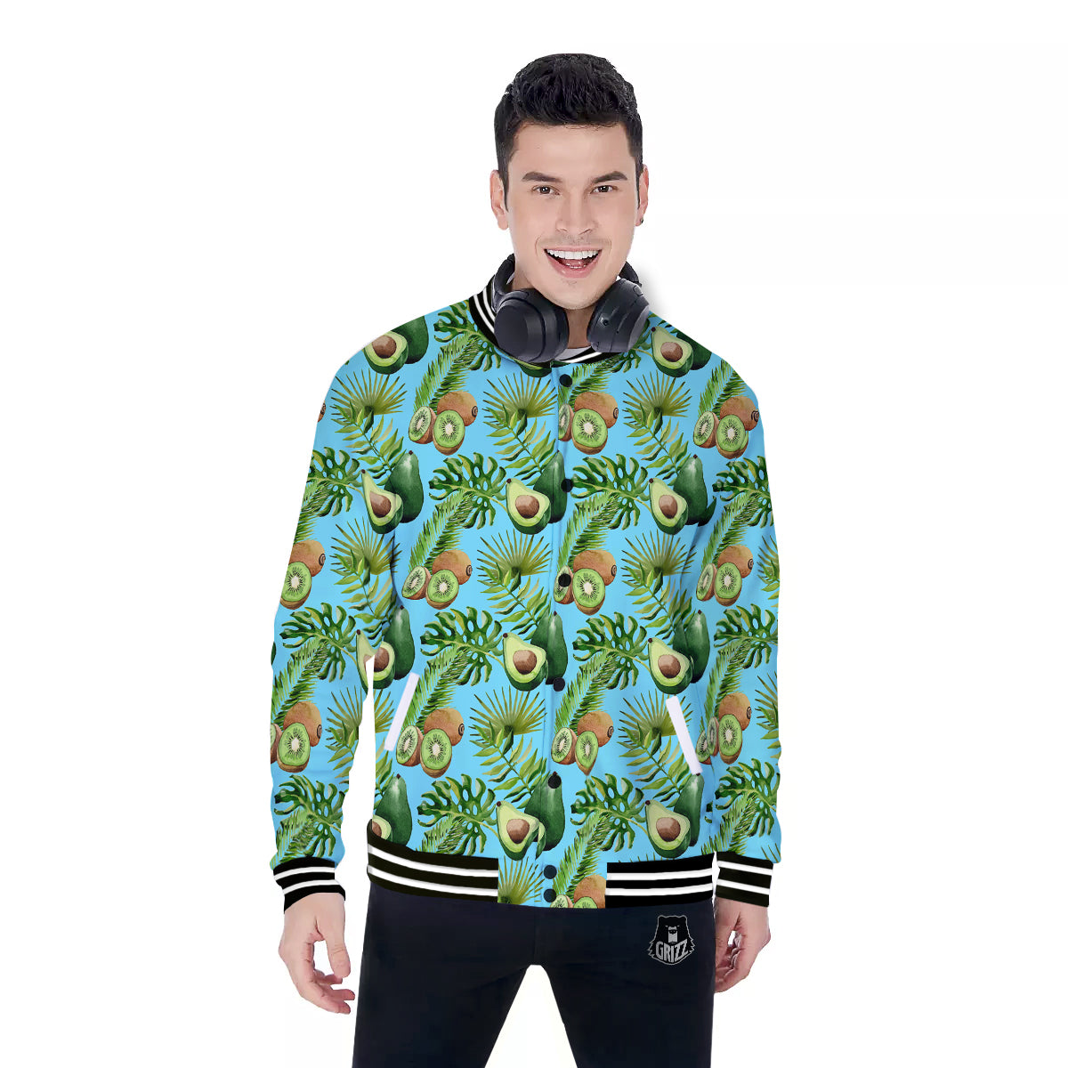 Avocado And Watercolor Kiwi Print Pattern Baseball Jacket-grizzshop