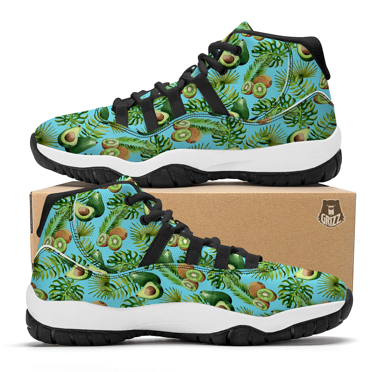 Avocado And Watercolor Kiwi Print Pattern Black Bball Shoes-grizzshop