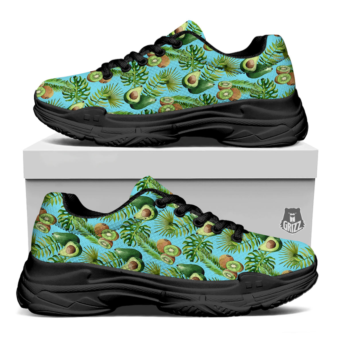 Avocado And Watercolor Kiwi Print Pattern Black Chunky Shoes-grizzshop