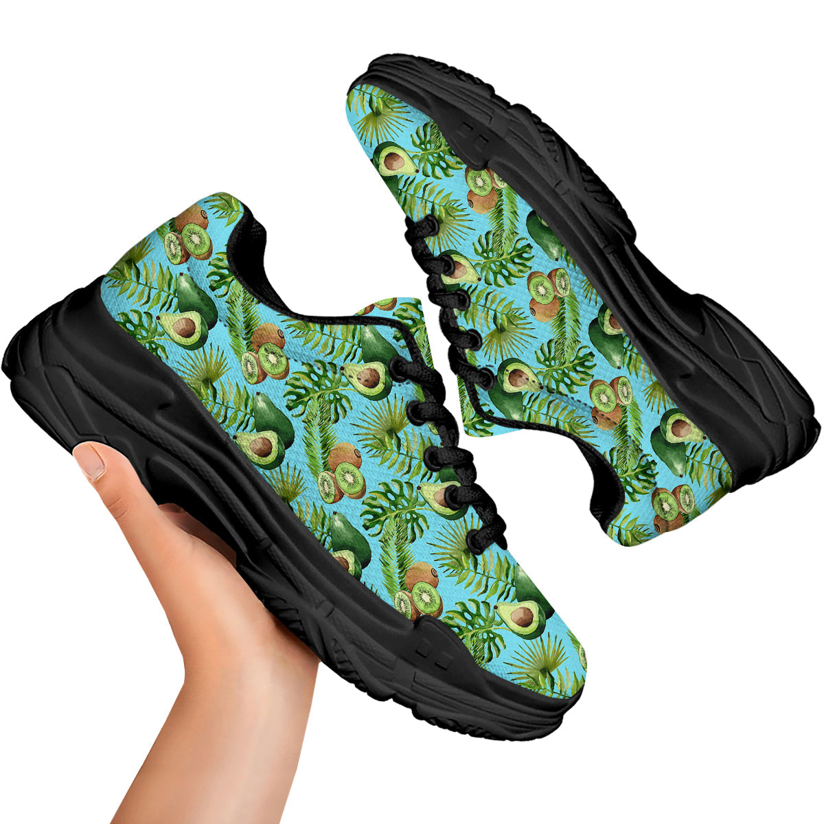 Avocado And Watercolor Kiwi Print Pattern Black Chunky Shoes-grizzshop