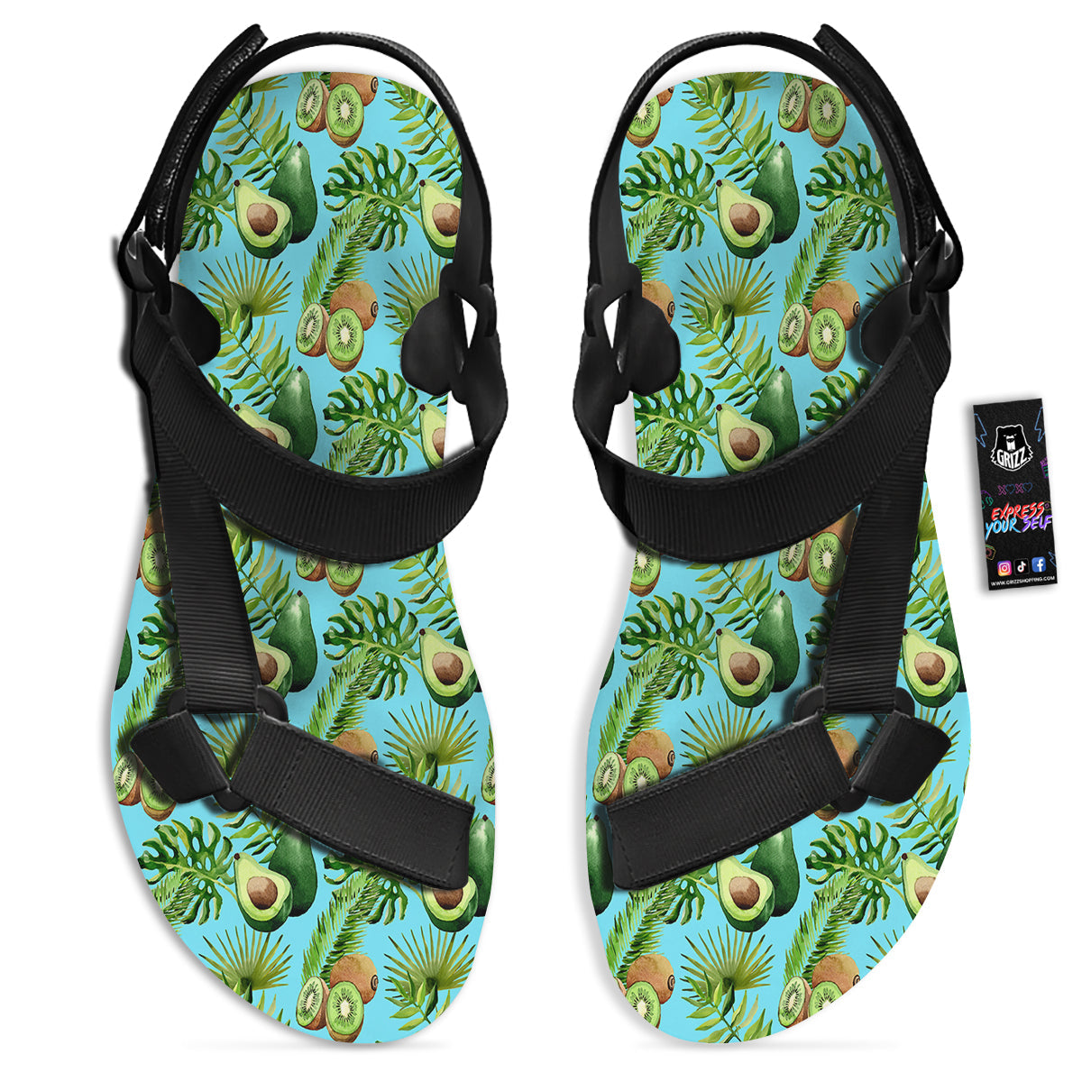 Avocado And Watercolor Kiwi Print Pattern Black Open Toe Sandals-grizzshop