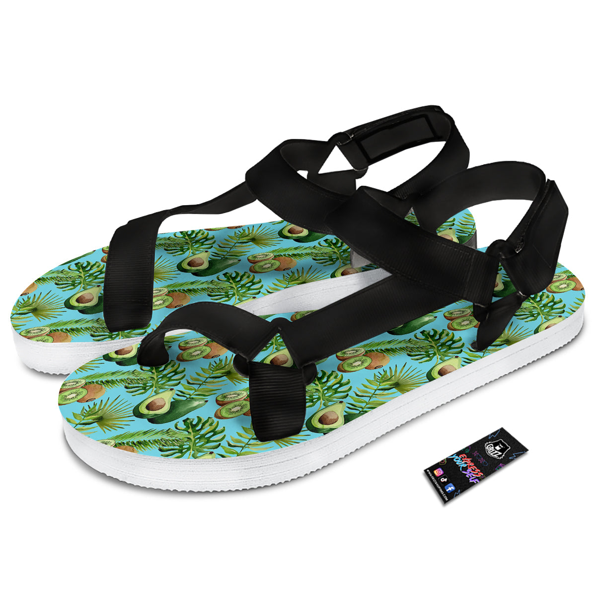 Avocado And Watercolor Kiwi Print Pattern Black Open Toe Sandals-grizzshop