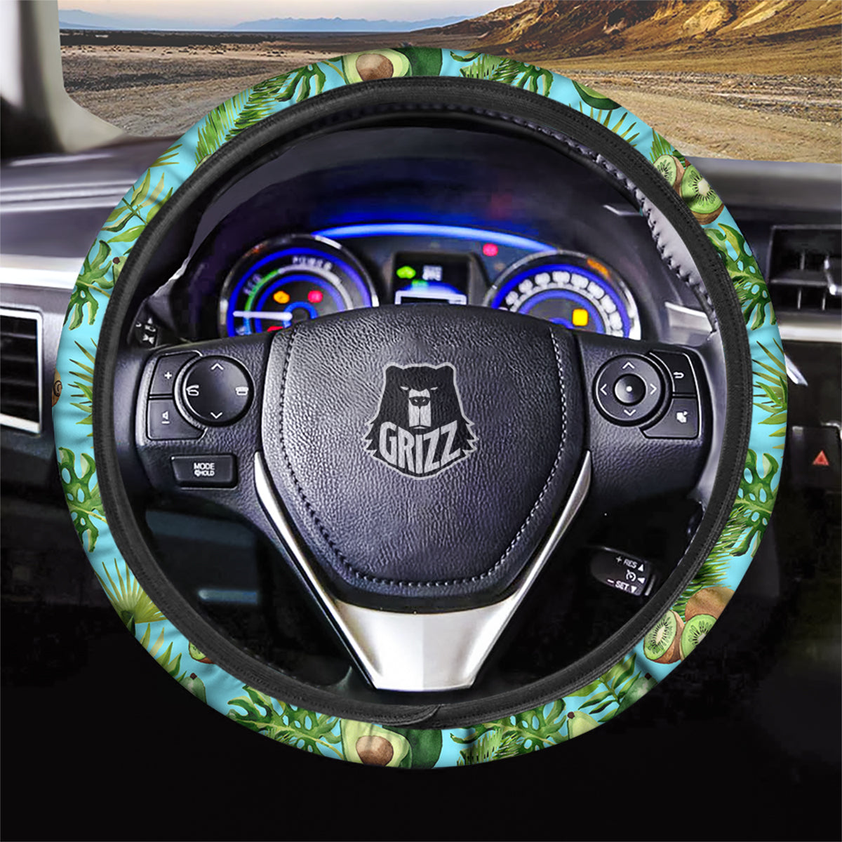 Avocado And Watercolor Kiwi Print Pattern Car Steering Wheel Cover-grizzshop