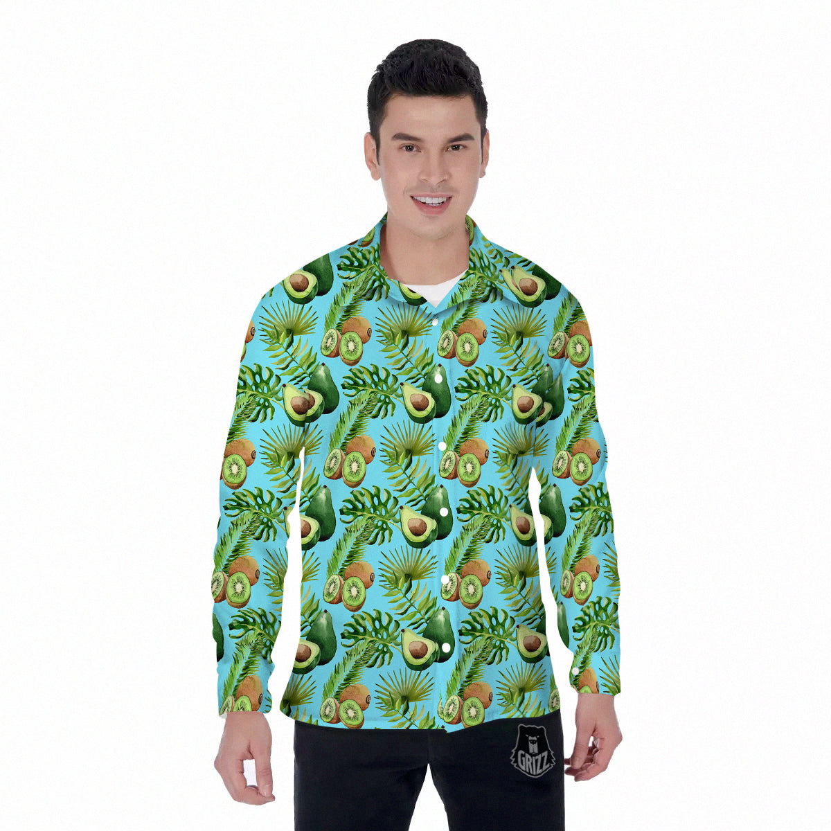 Avocado And Watercolor Kiwi Print Pattern Men's Long Sleeve Shirts-grizzshop