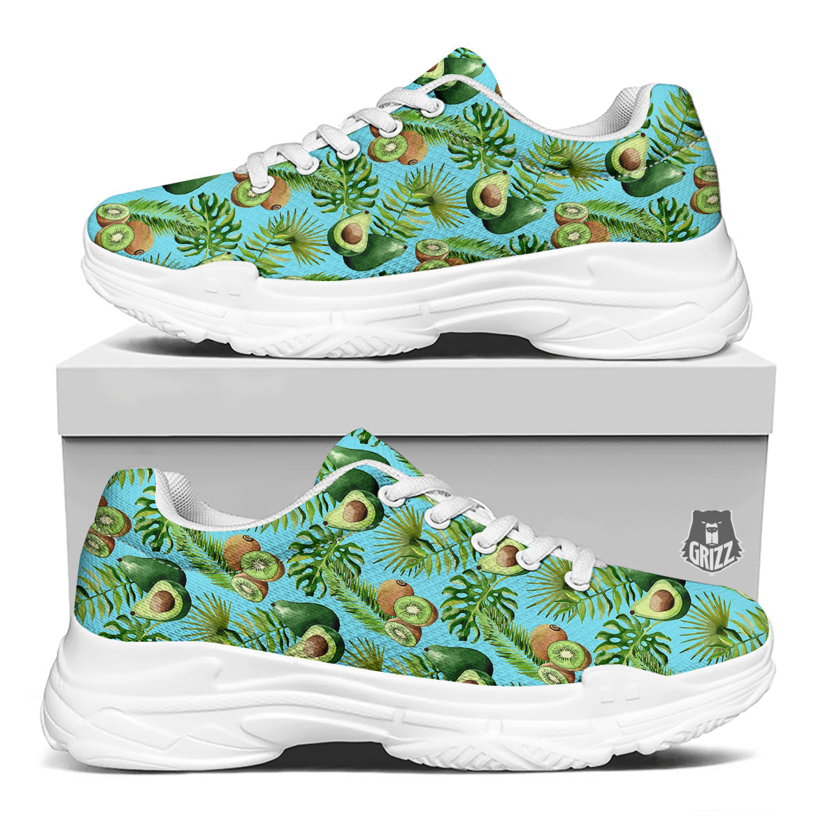 Avocado And Watercolor Kiwi Print Pattern White Chunky Shoes-grizzshop