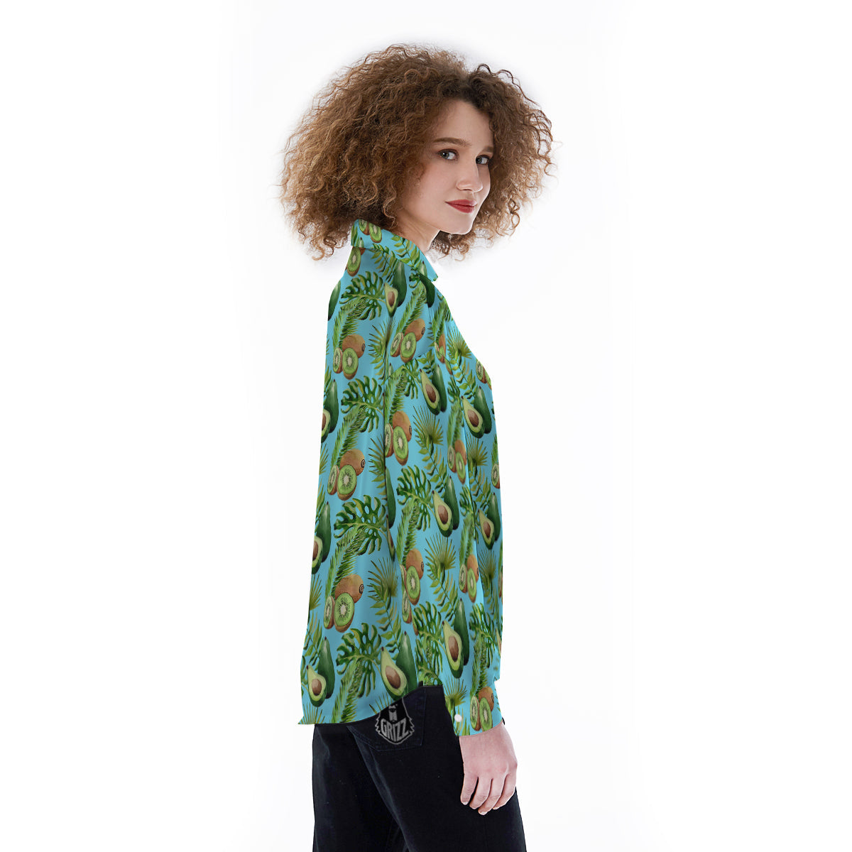 Avocado And Watercolor Kiwi Print Pattern Women's Long Sleeve Shirts-grizzshop