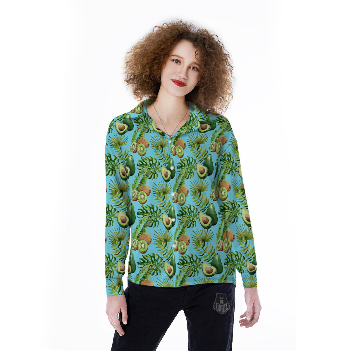 Avocado And Watercolor Kiwi Print Pattern Women's Long Sleeve Shirts-grizzshop