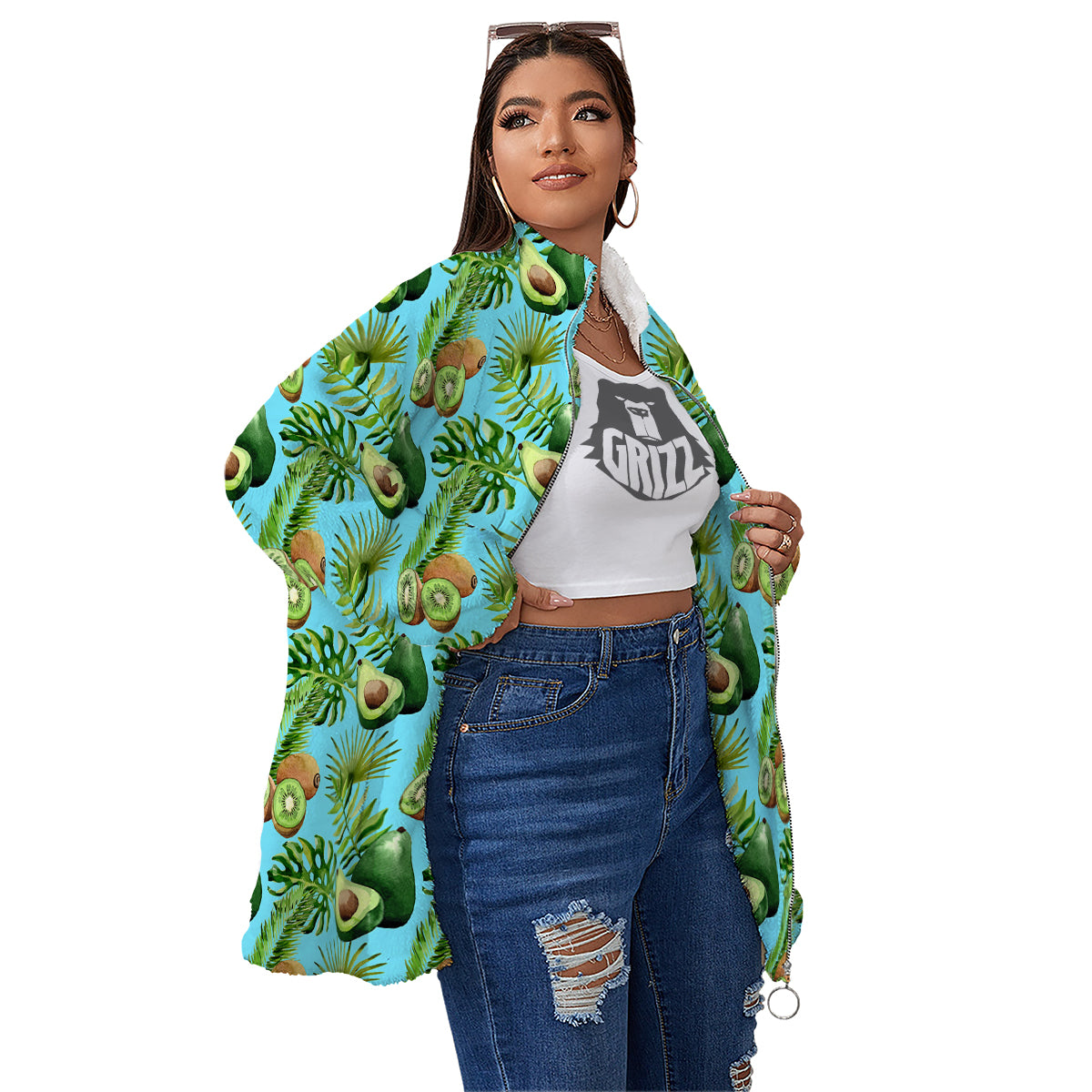 Avocado And Watercolor Kiwi Print Pattern Women's Sherpa Jacket-grizzshop