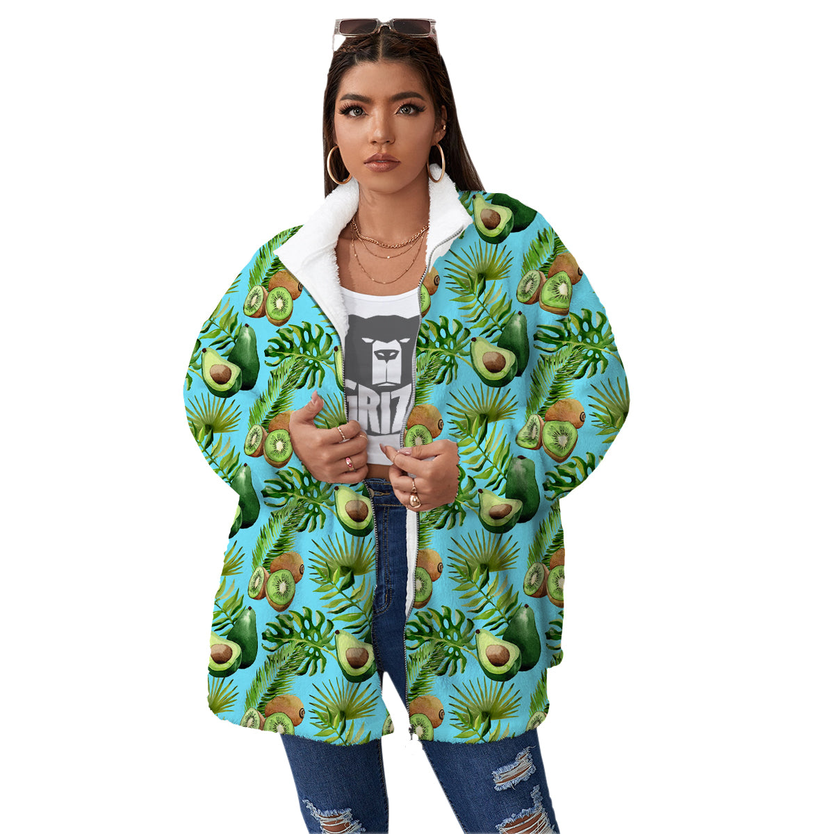 Avocado And Watercolor Kiwi Print Pattern Women's Sherpa Jacket-grizzshop