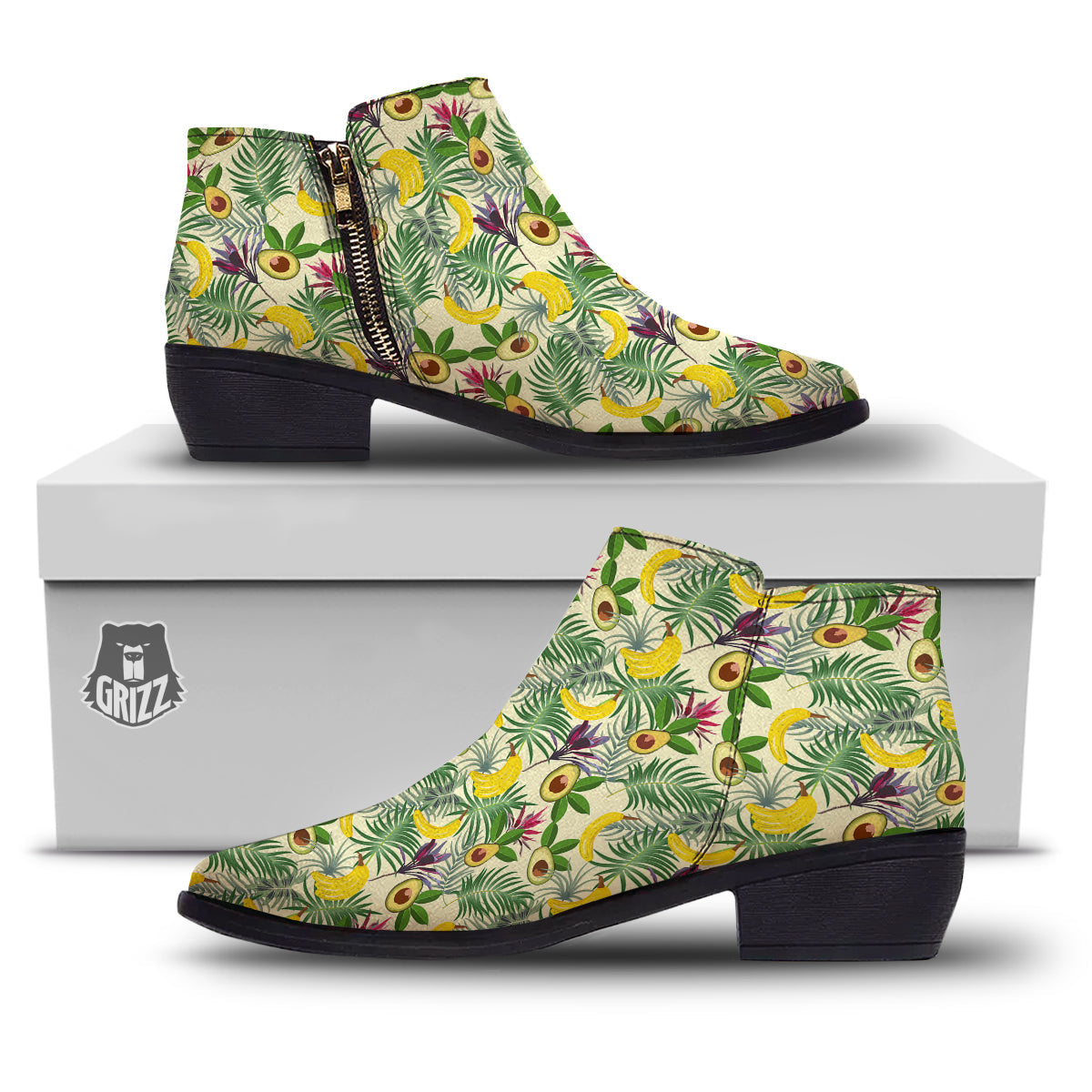 Avocado Banana Leaf Print Pattern Ankle Boots-grizzshop