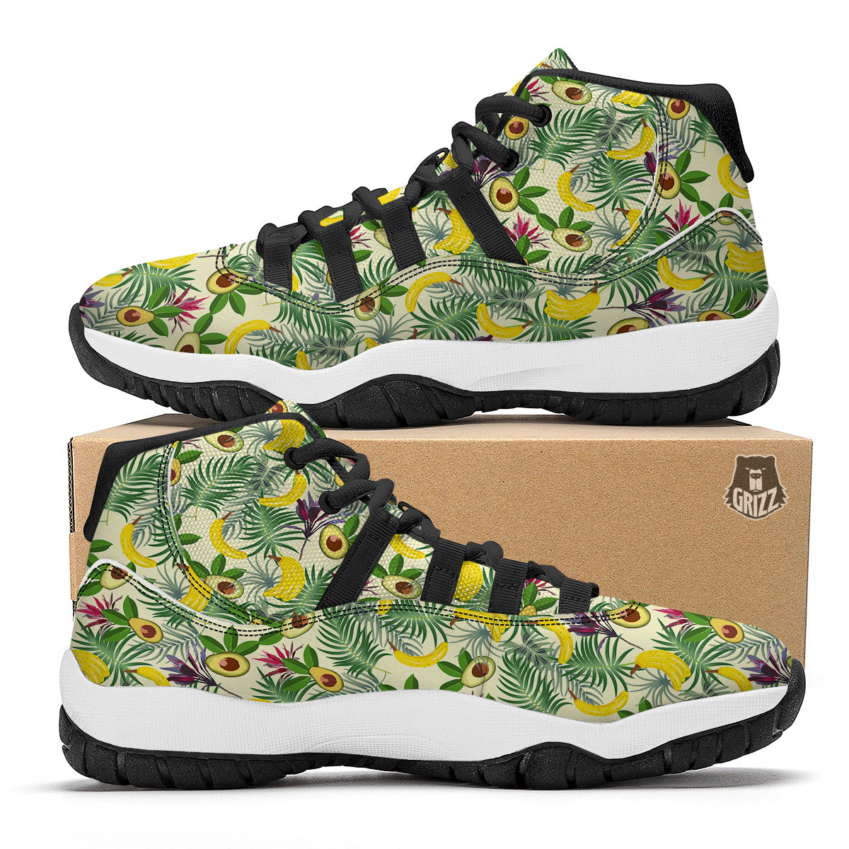 Avocado Banana Leaf Print Pattern Black Bball Shoes-grizzshop