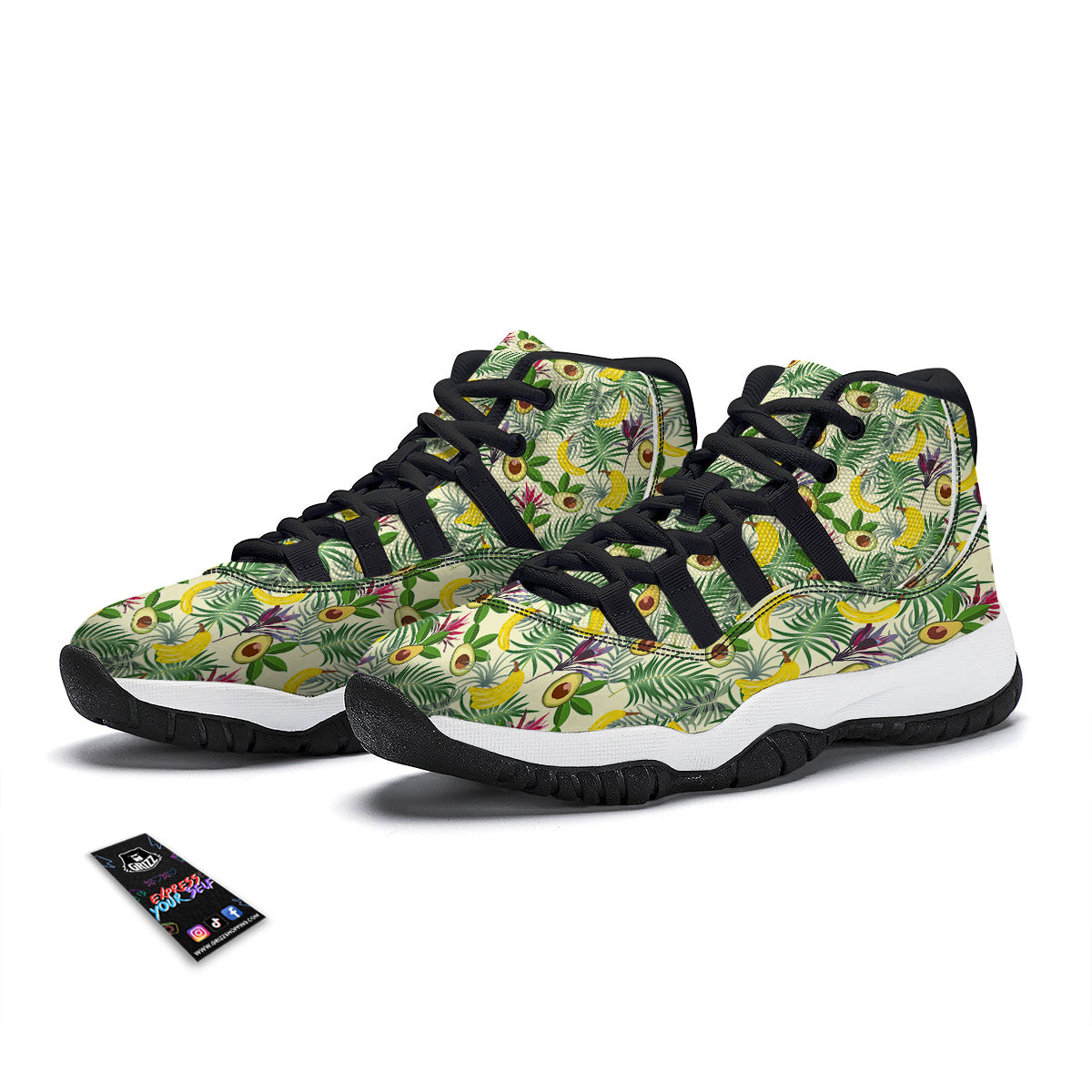 Avocado Banana Leaf Print Pattern Black Bball Shoes-grizzshop