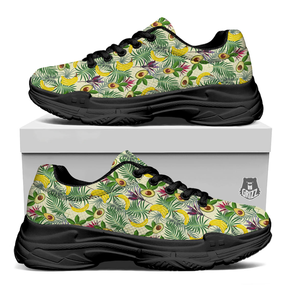 Avocado Banana Leaf Print Pattern Black Chunky Shoes-grizzshop