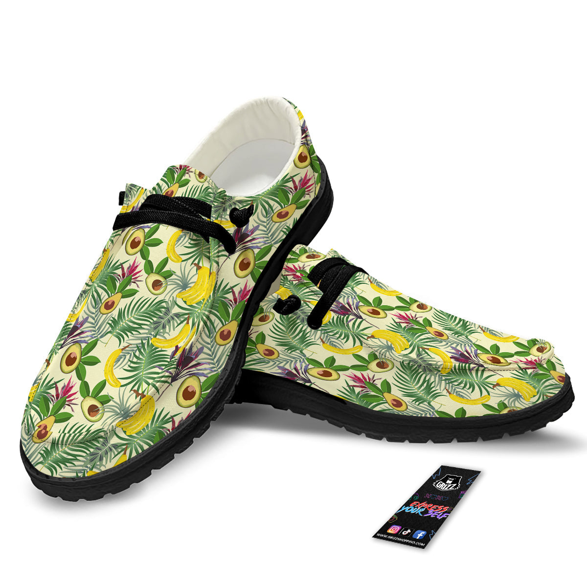 Avocado Banana Leaf Print Pattern Black Loafers-grizzshop