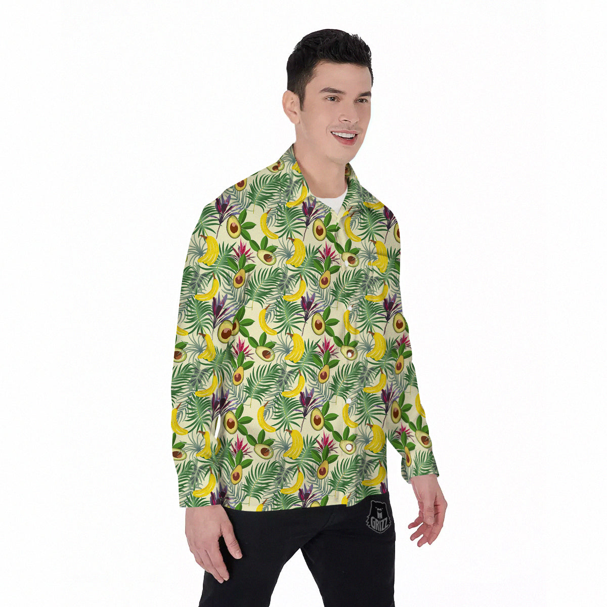Avocado Banana Leaf Print Pattern Men's Long Sleeve Shirts-grizzshop