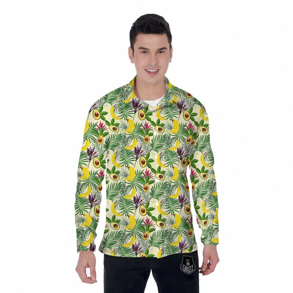 Avocado Banana Leaf Print Pattern Men's Long Sleeve Shirts-grizzshop
