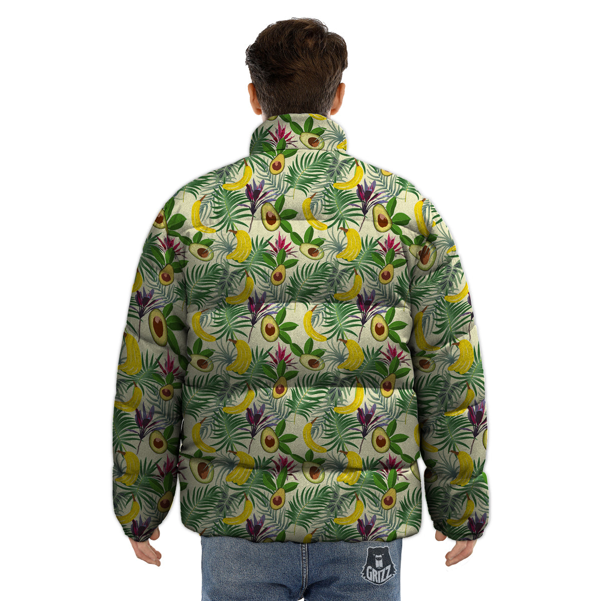 Avocado Banana Leaf Print Pattern Puffer Jacket-grizzshop