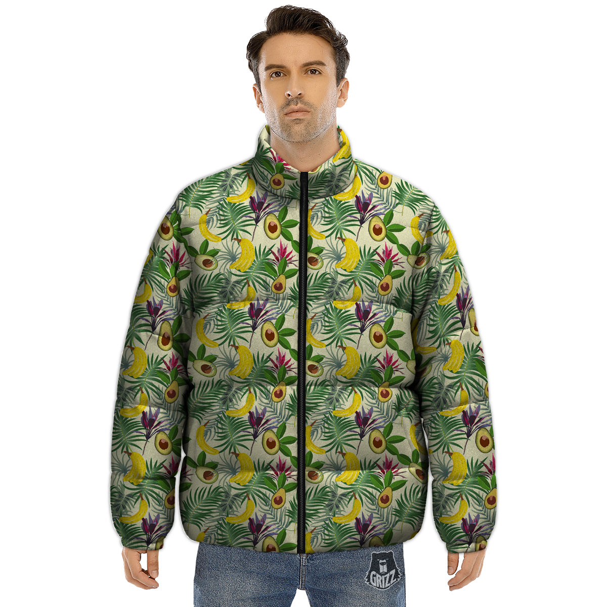 Avocado Banana Leaf Print Pattern Puffer Jacket-grizzshop