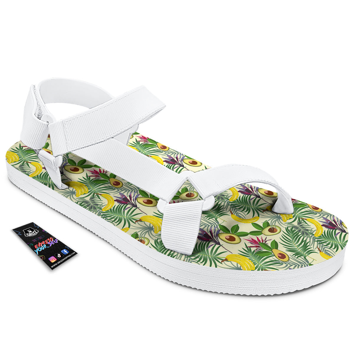 Avocado Banana Leaf Print Pattern White Open Toe Sandals-grizzshop