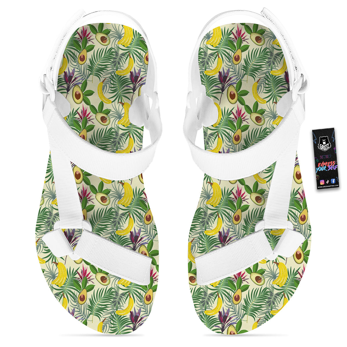 Avocado Banana Leaf Print Pattern White Open Toe Sandals-grizzshop