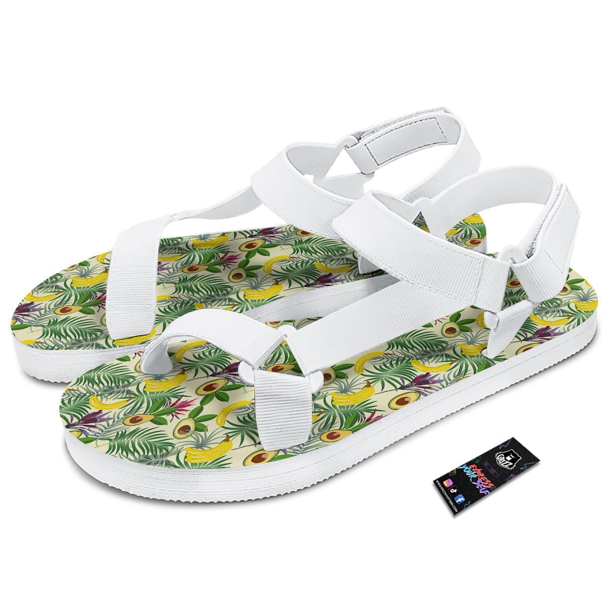 Avocado Banana Leaf Print Pattern White Open Toe Sandals-grizzshop