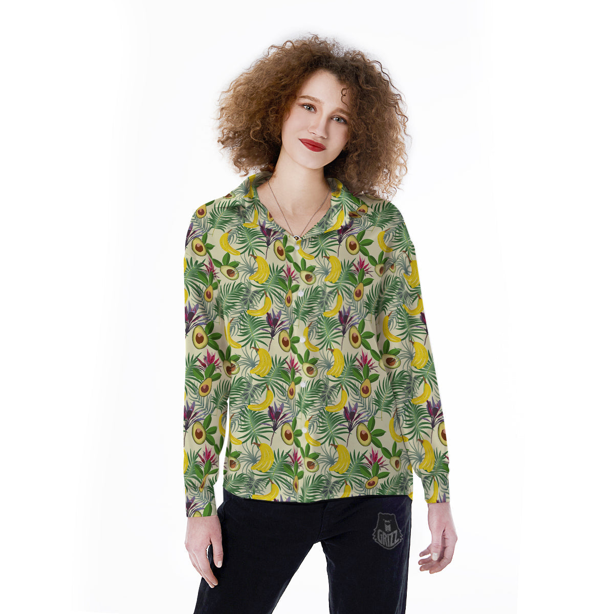 Avocado Banana Leaf Print Pattern Women's Long Sleeve Shirts-grizzshop