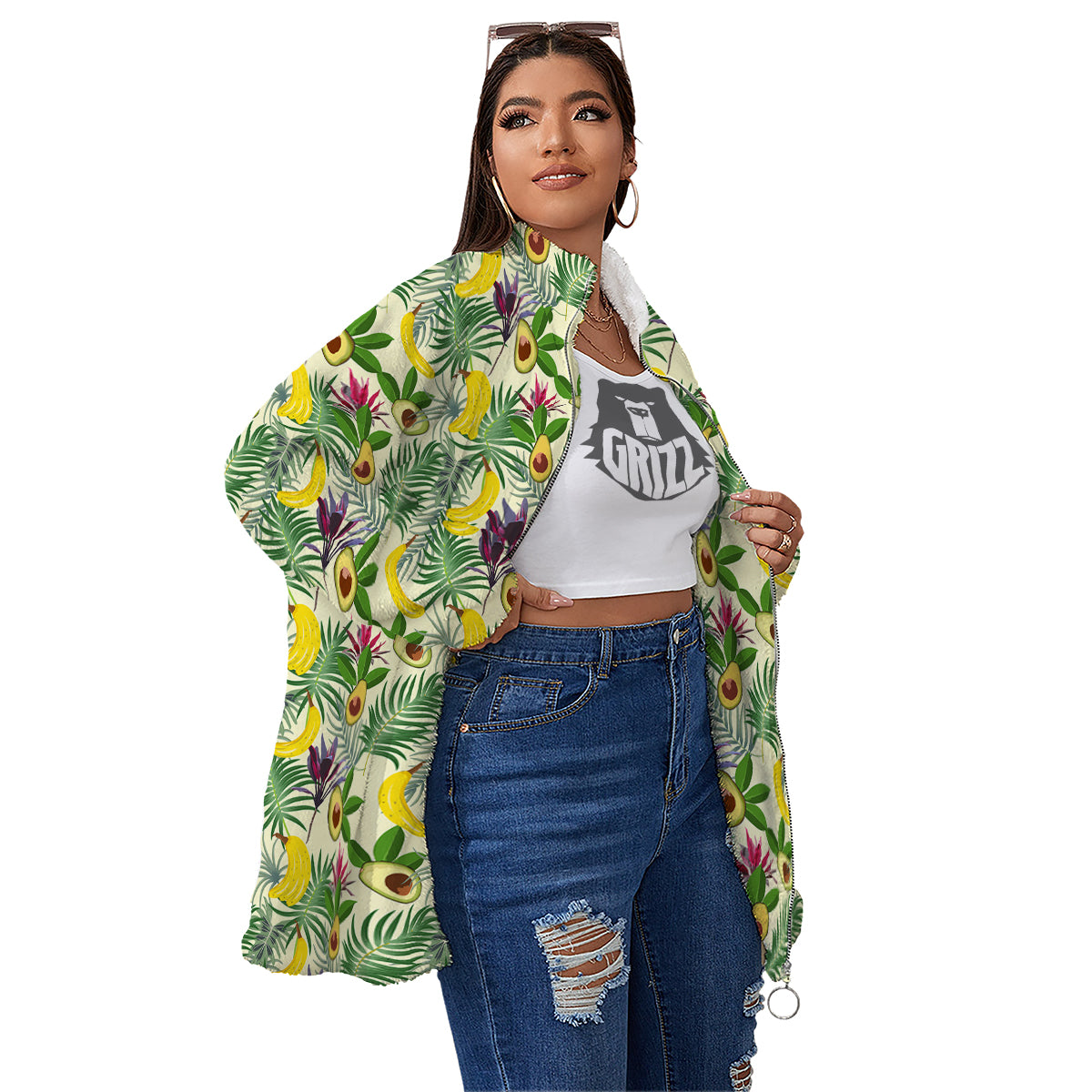 Avocado Banana Leaf Print Pattern Women's Sherpa Jacket-grizzshop