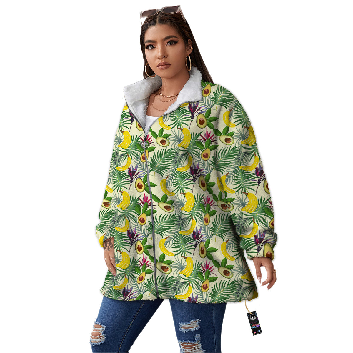 Avocado Banana Leaf Print Pattern Women's Sherpa Jacket-grizzshop