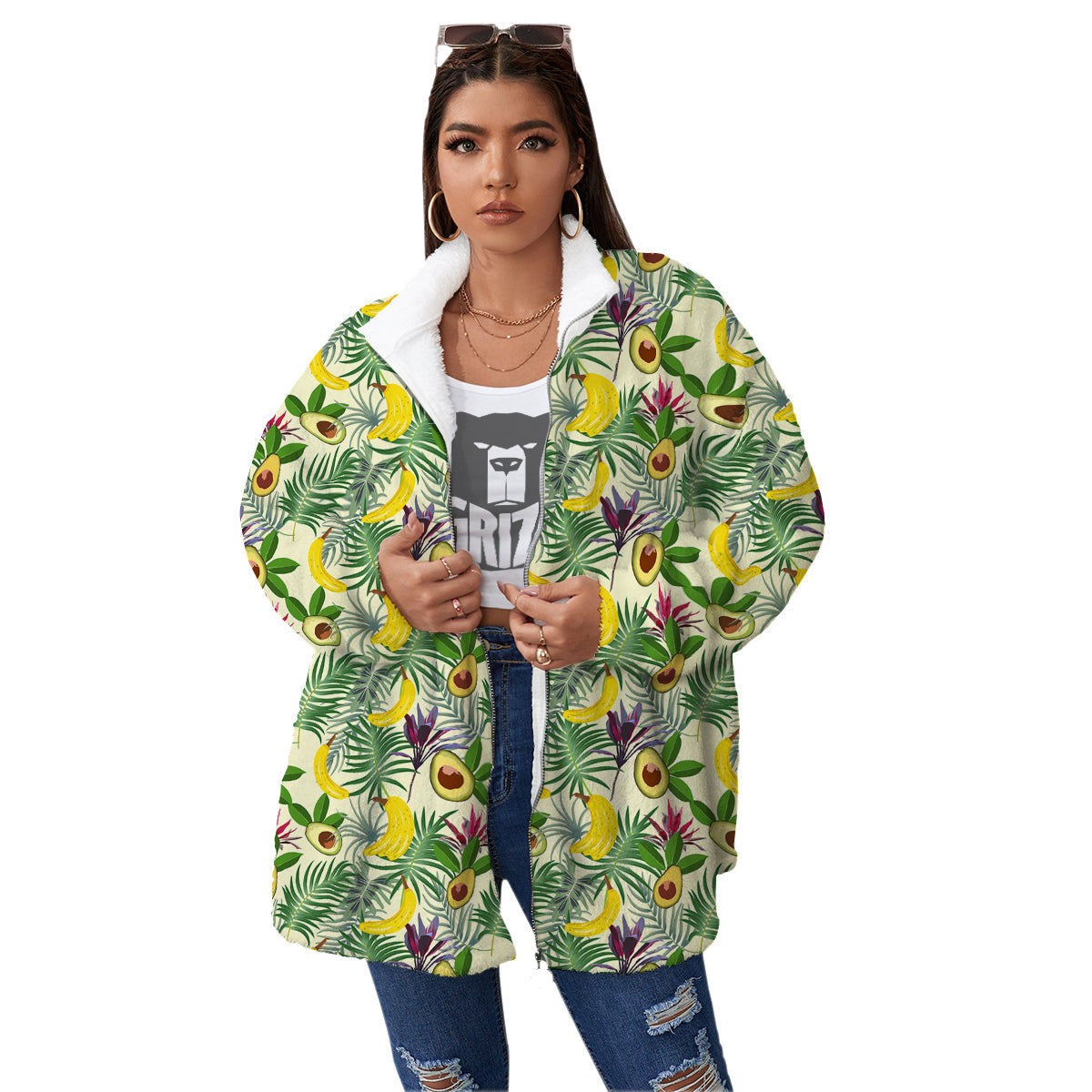 Avocado Banana Leaf Print Pattern Women's Sherpa Jacket-grizzshop