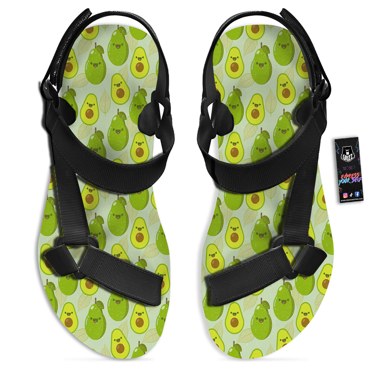 Avocado Cartoon Print Pattern Black Open Toe Sandals-grizzshop