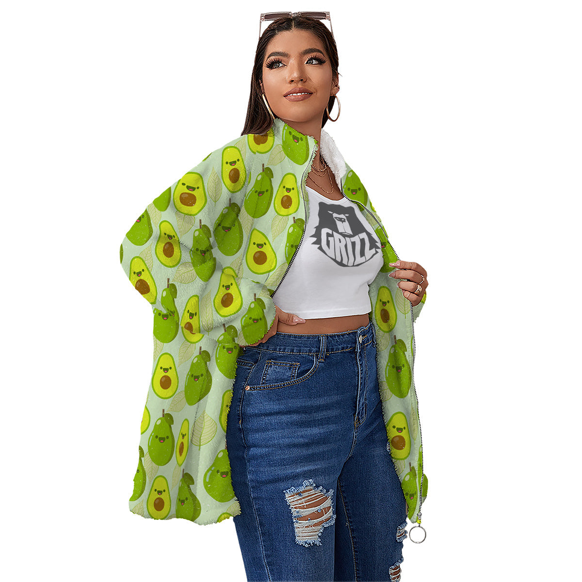 Avocado Cartoon Print Pattern Women's Sherpa Jacket-grizzshop