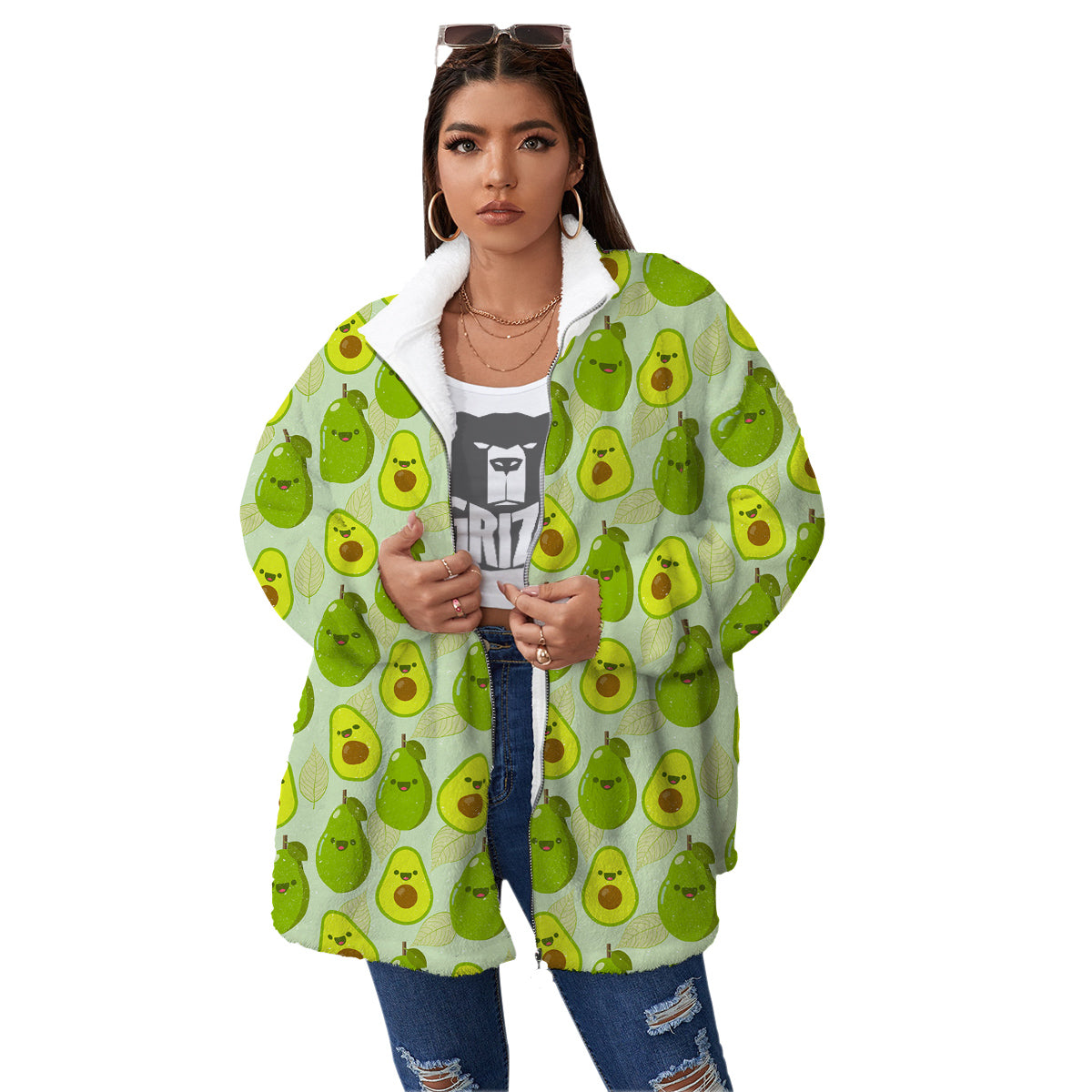 Avocado Cartoon Print Pattern Women's Sherpa Jacket-grizzshop
