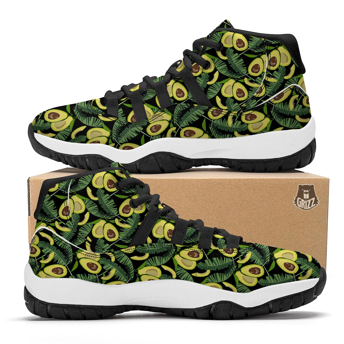 Avocado Floral Palm Leaves Pattern Print Black Bball Shoes-grizzshop