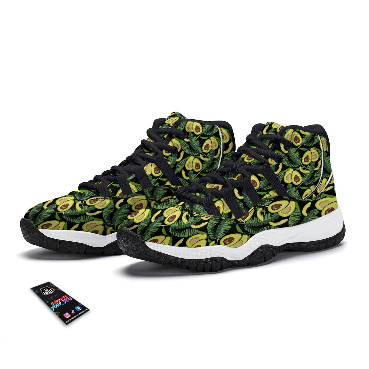 Avocado Floral Palm Leaves Pattern Print Black Bball Shoes-grizzshop
