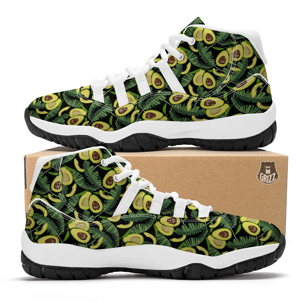 Avocado Floral Palm Leaves Pattern Print White Bball Shoes-grizzshop