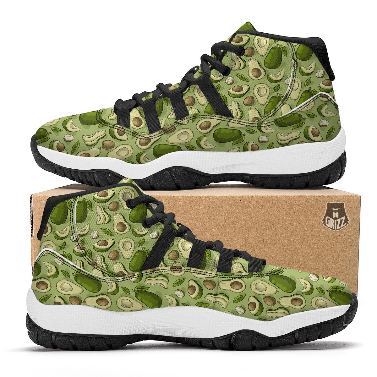 Avocado Green Pattern Print Black Bball Shoes-grizzshop