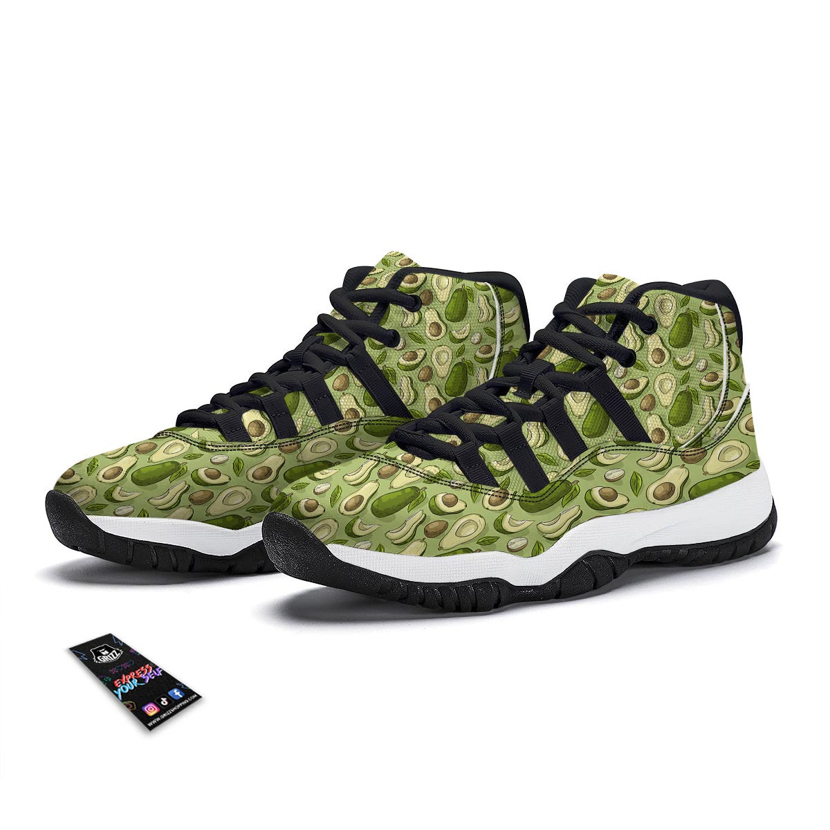 Avocado Green Pattern Print Black Bball Shoes-grizzshop