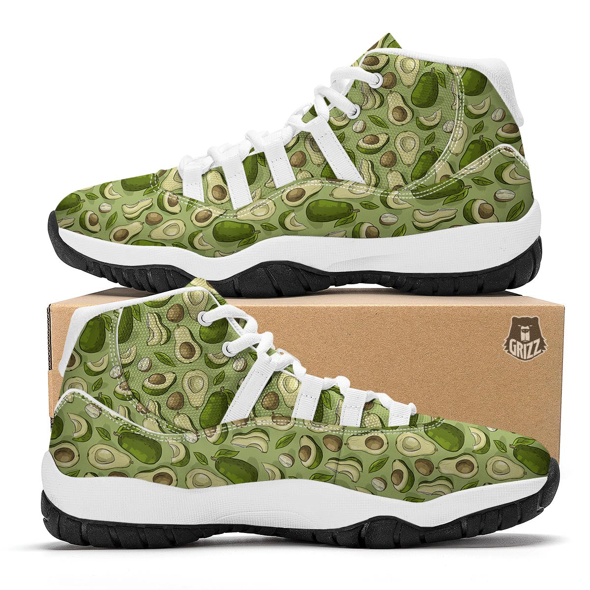 Avocado Green Pattern Print White Bball Shoes-grizzshop