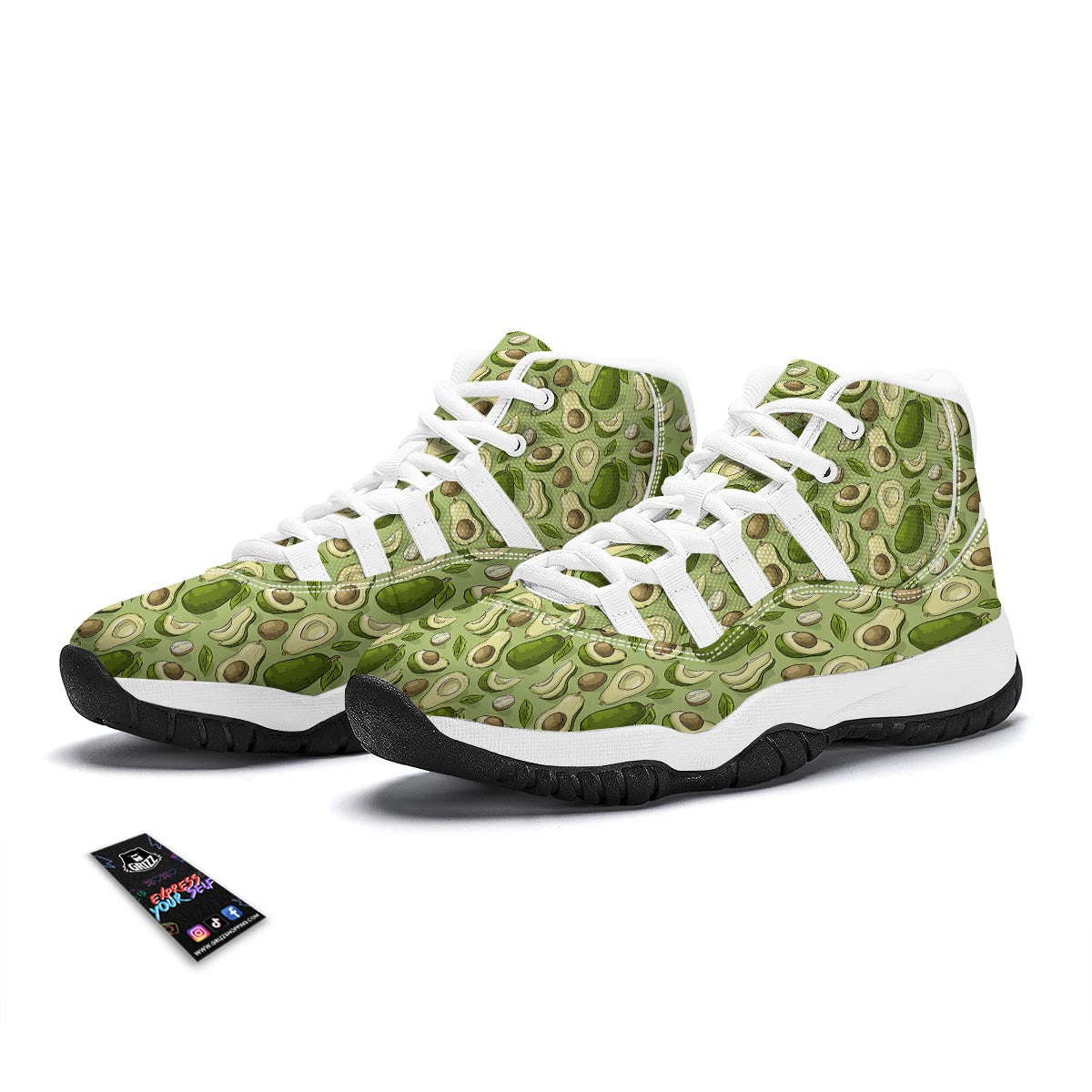 Avocado Green Pattern Print White Bball Shoes-grizzshop