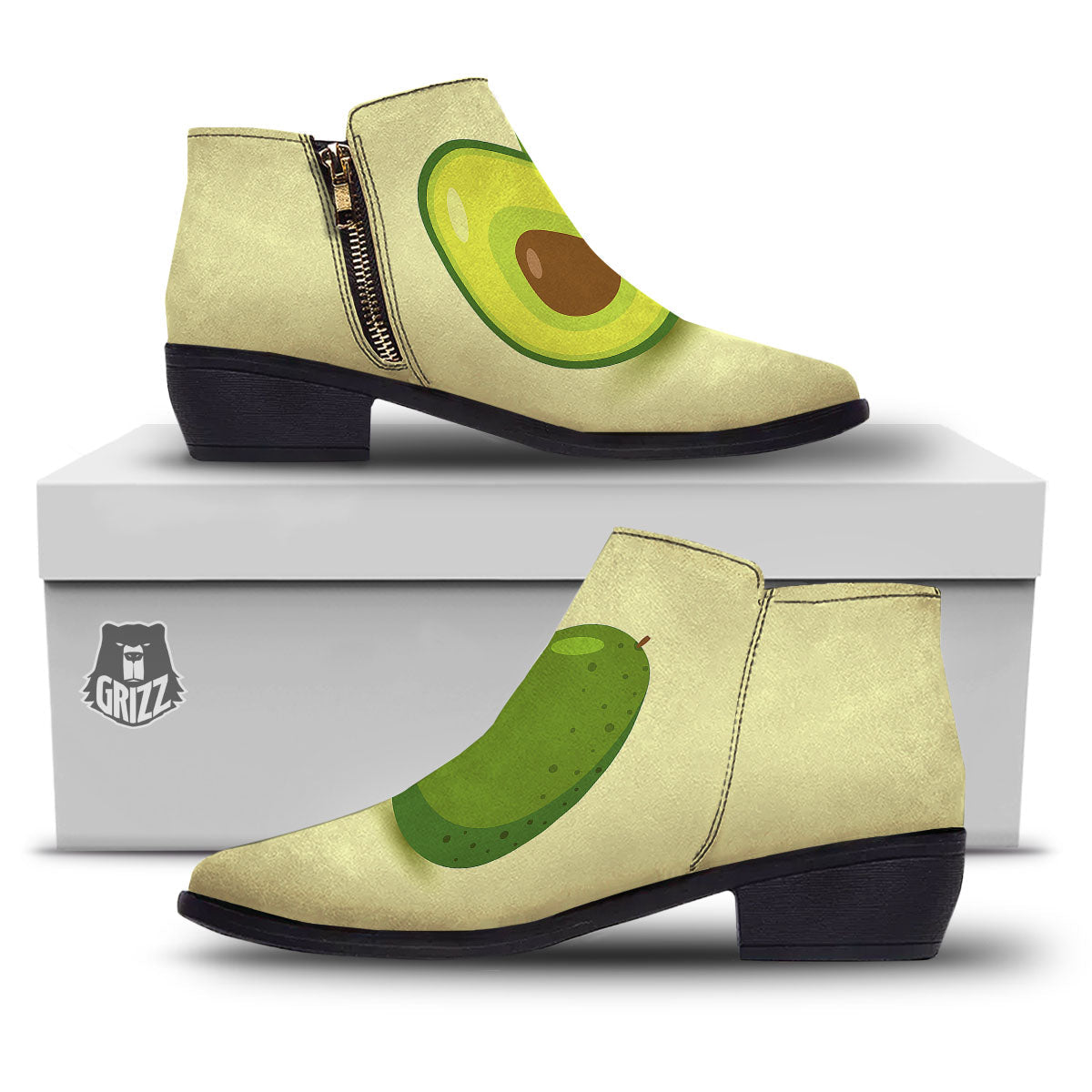 Avocado Green Print Ankle Boots-grizzshop