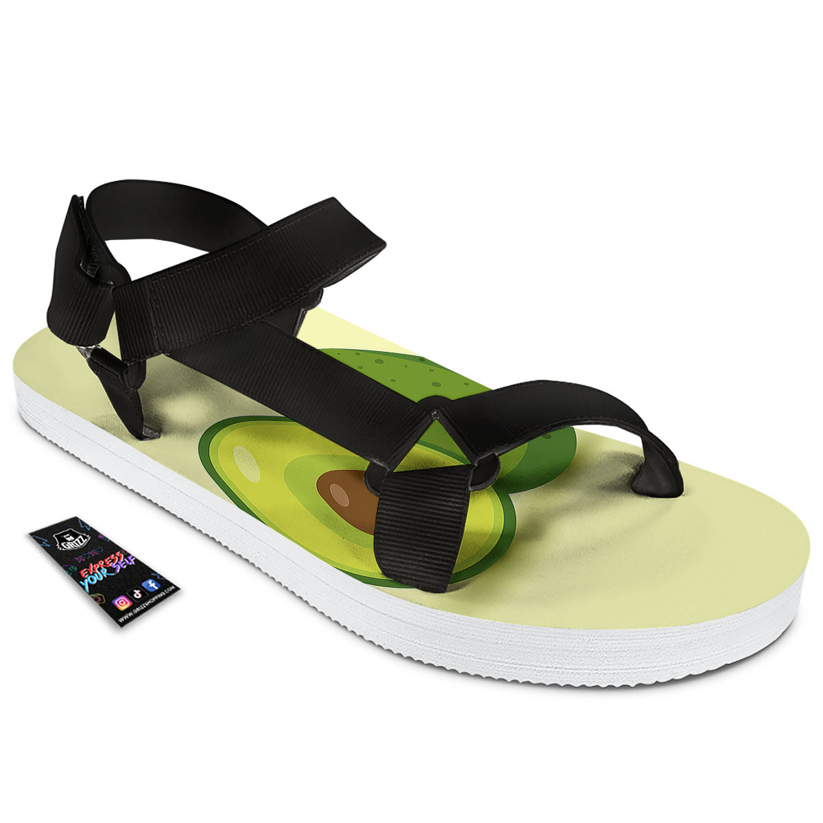 Avocado Green Print Black Open Toe Sandals-grizzshop