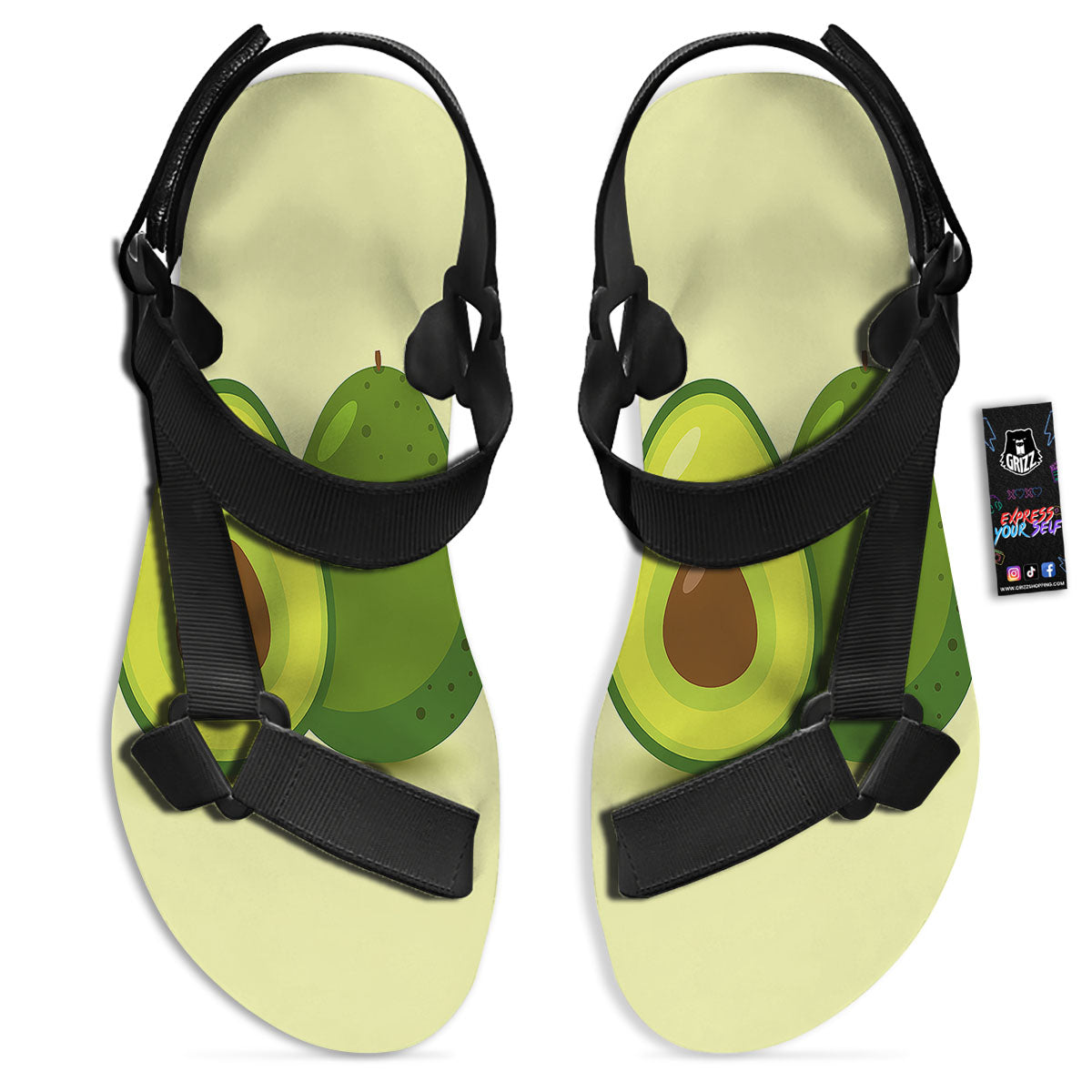 Avocado Green Print Black Open Toe Sandals-grizzshop