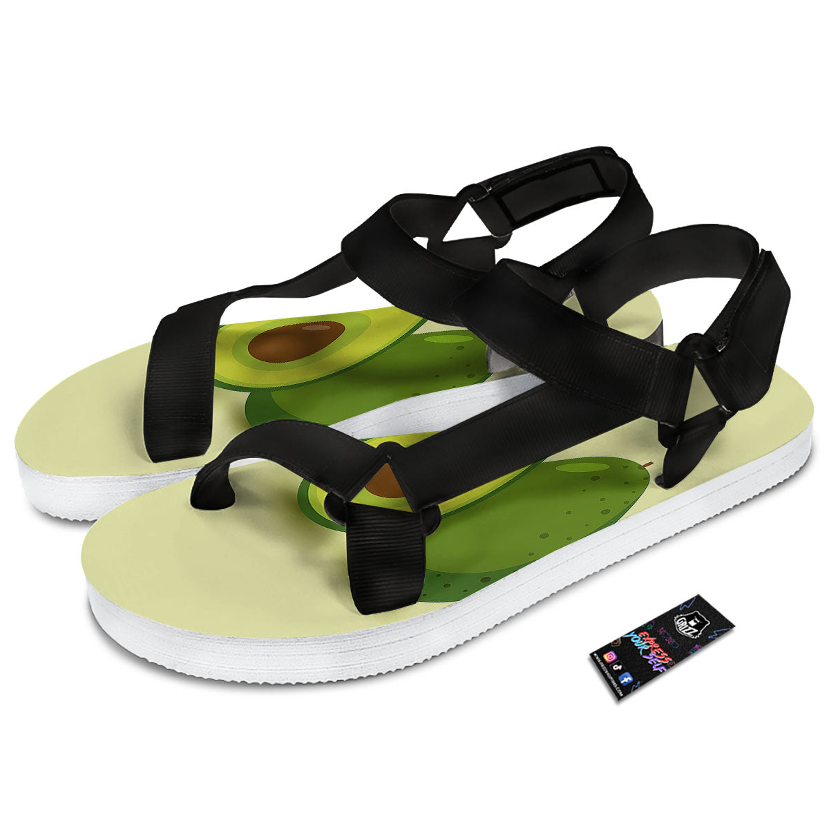 Avocado Green Print Black Open Toe Sandals-grizzshop