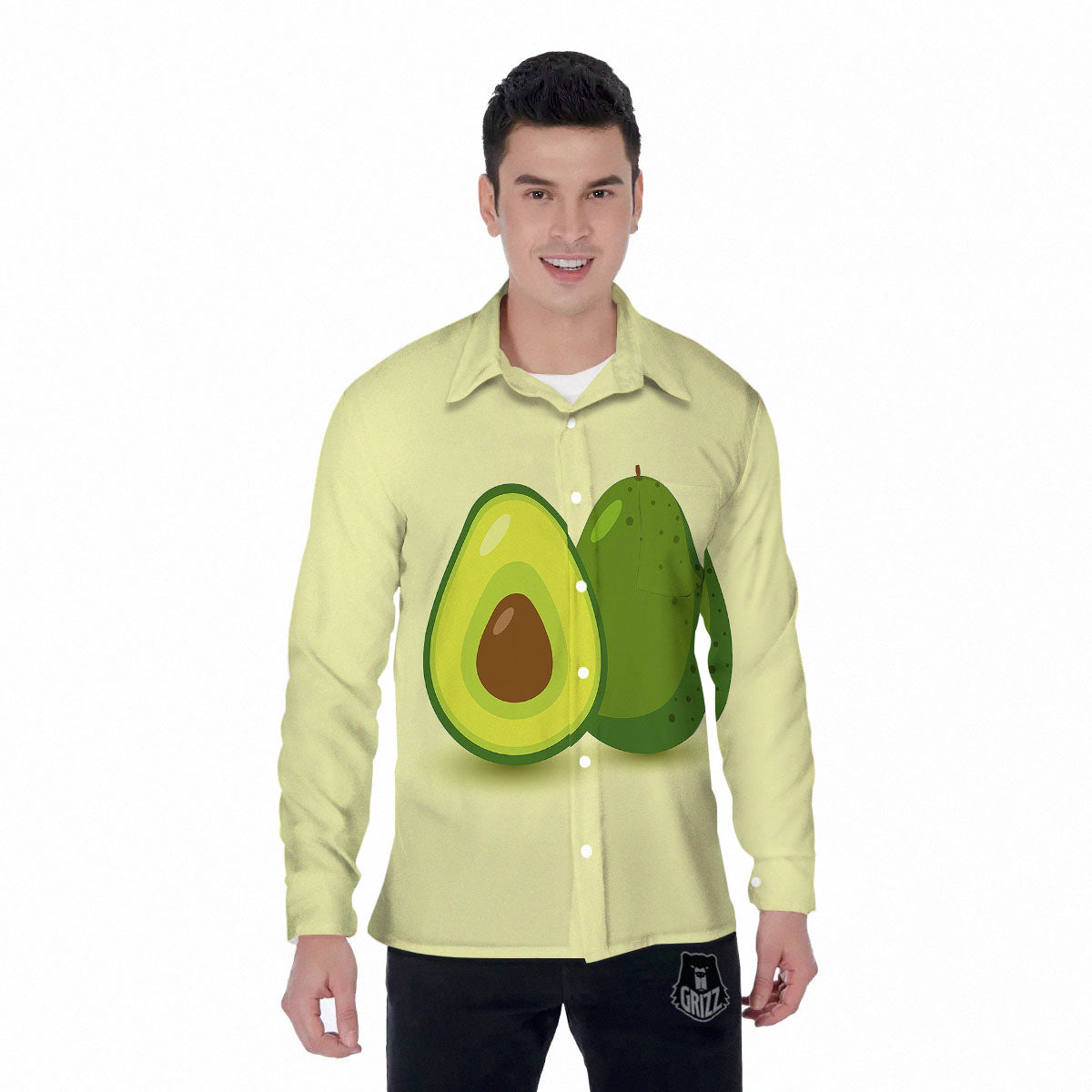 Avocado Green Print Men's Long Sleeve Shirts-grizzshop