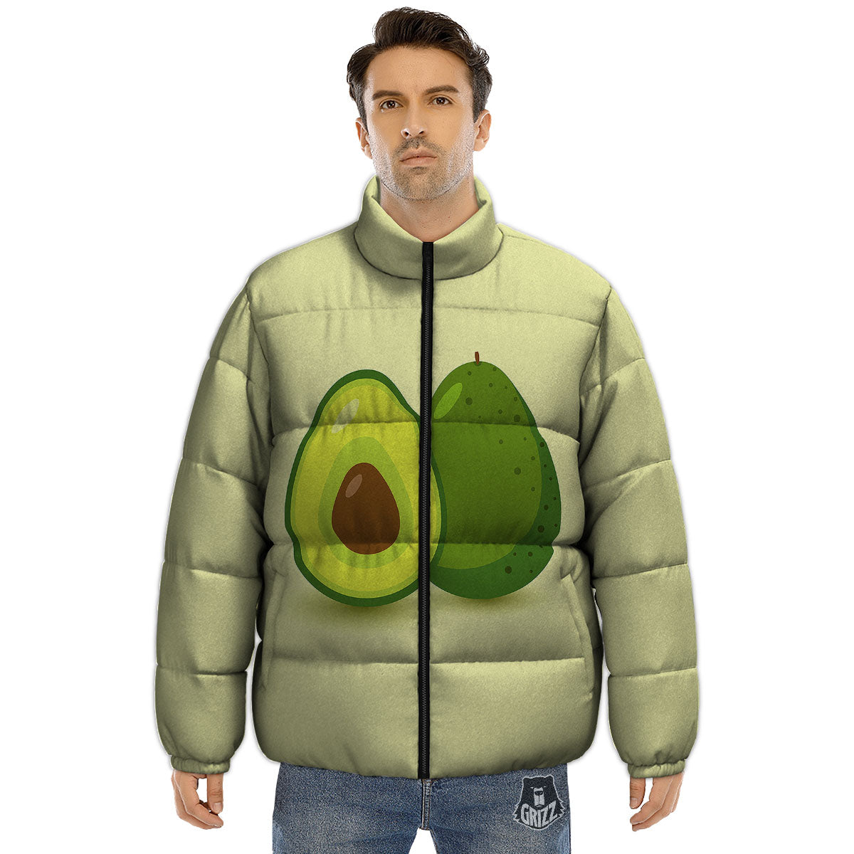 Avocado Green Print Puffer Jacket-grizzshop