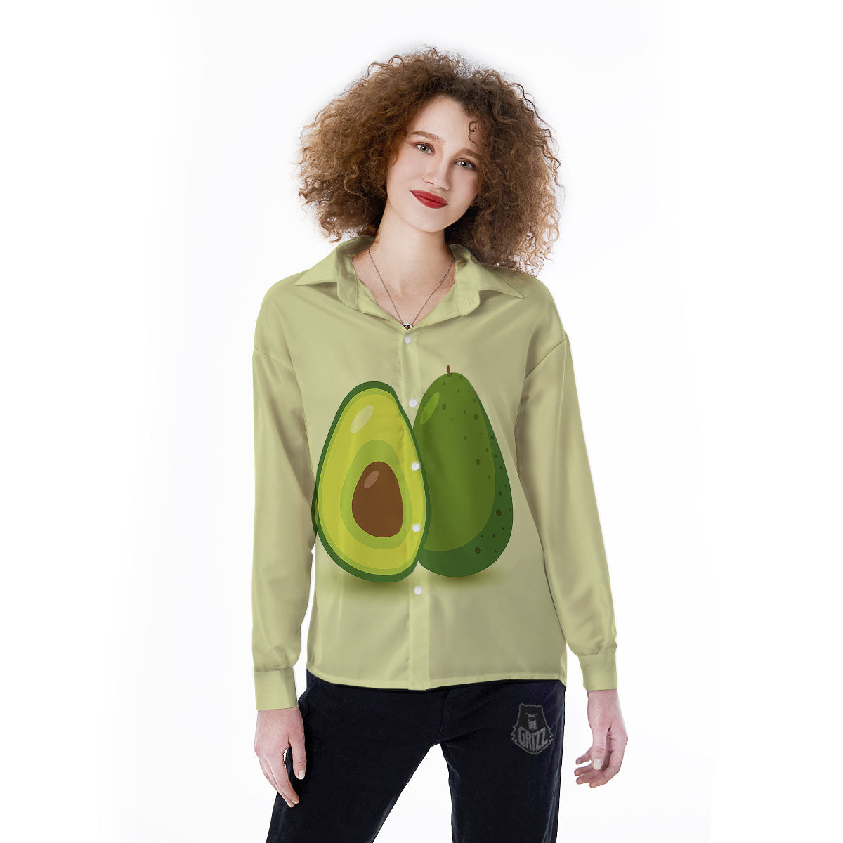 Avocado Green Print Women's Long Sleeve Shirts-grizzshop
