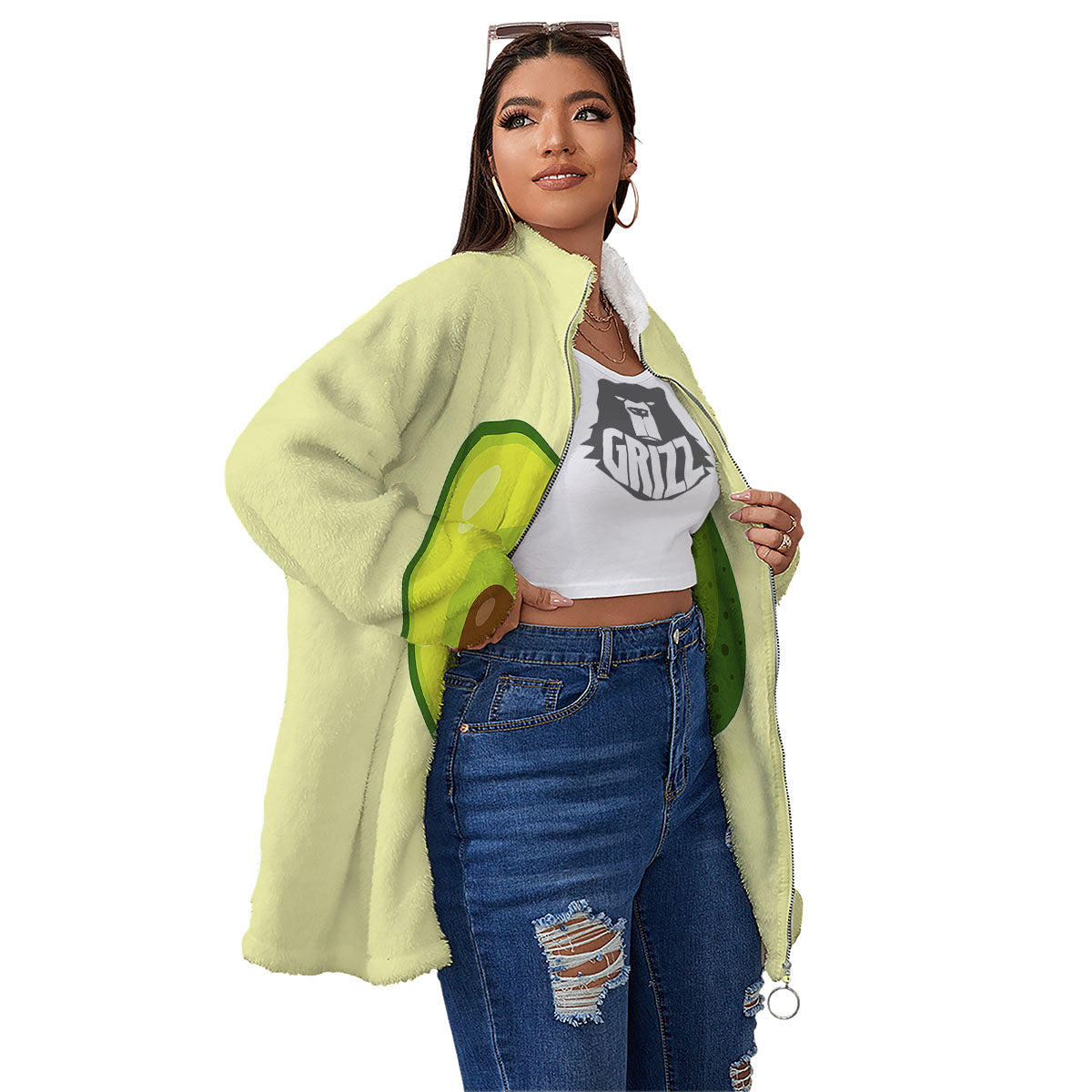 Avocado Green Print Women's Sherpa Jacket-grizzshop