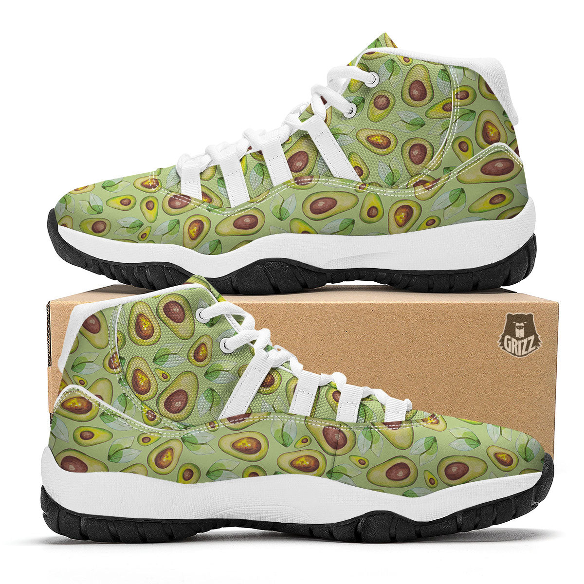 Avocado Green Watercolor Print White Bball Shoes-grizzshop
